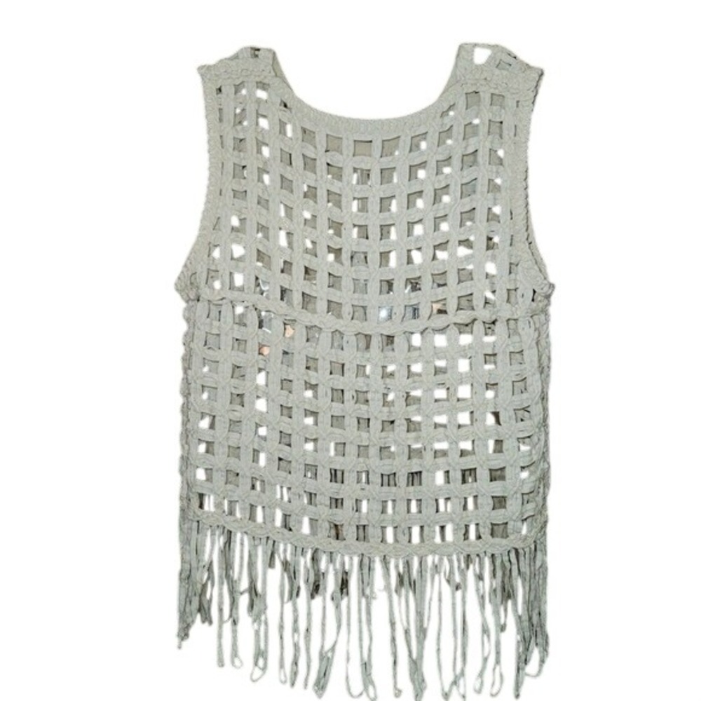 Adora Cream White Crochet Fringe Fishnet Weave Top  Womens Large boho festival